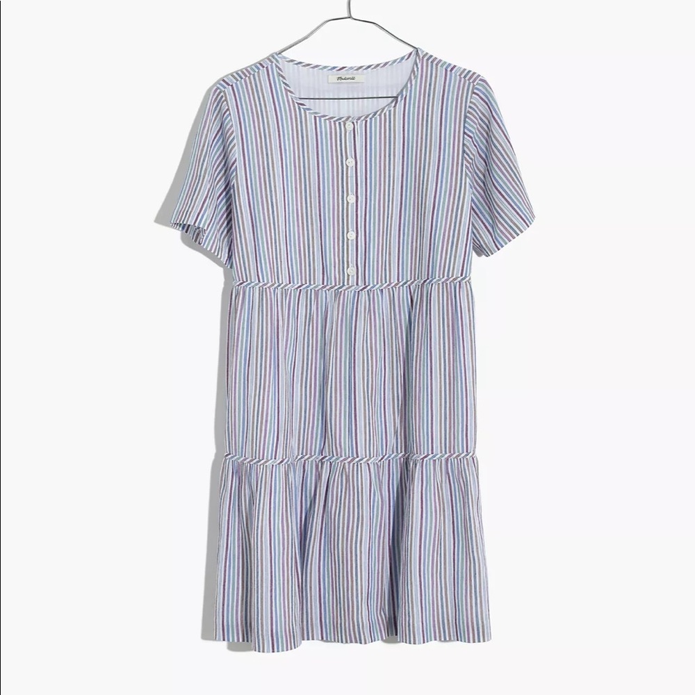 Striped Crewneck Button-Front Tiered Mini Dress - image 3